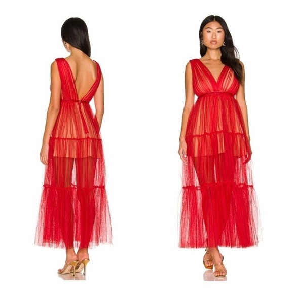 Sau Lee Chloe Tulle Maxi Dress Red Formal Evening Party - Picture 2 of 10
